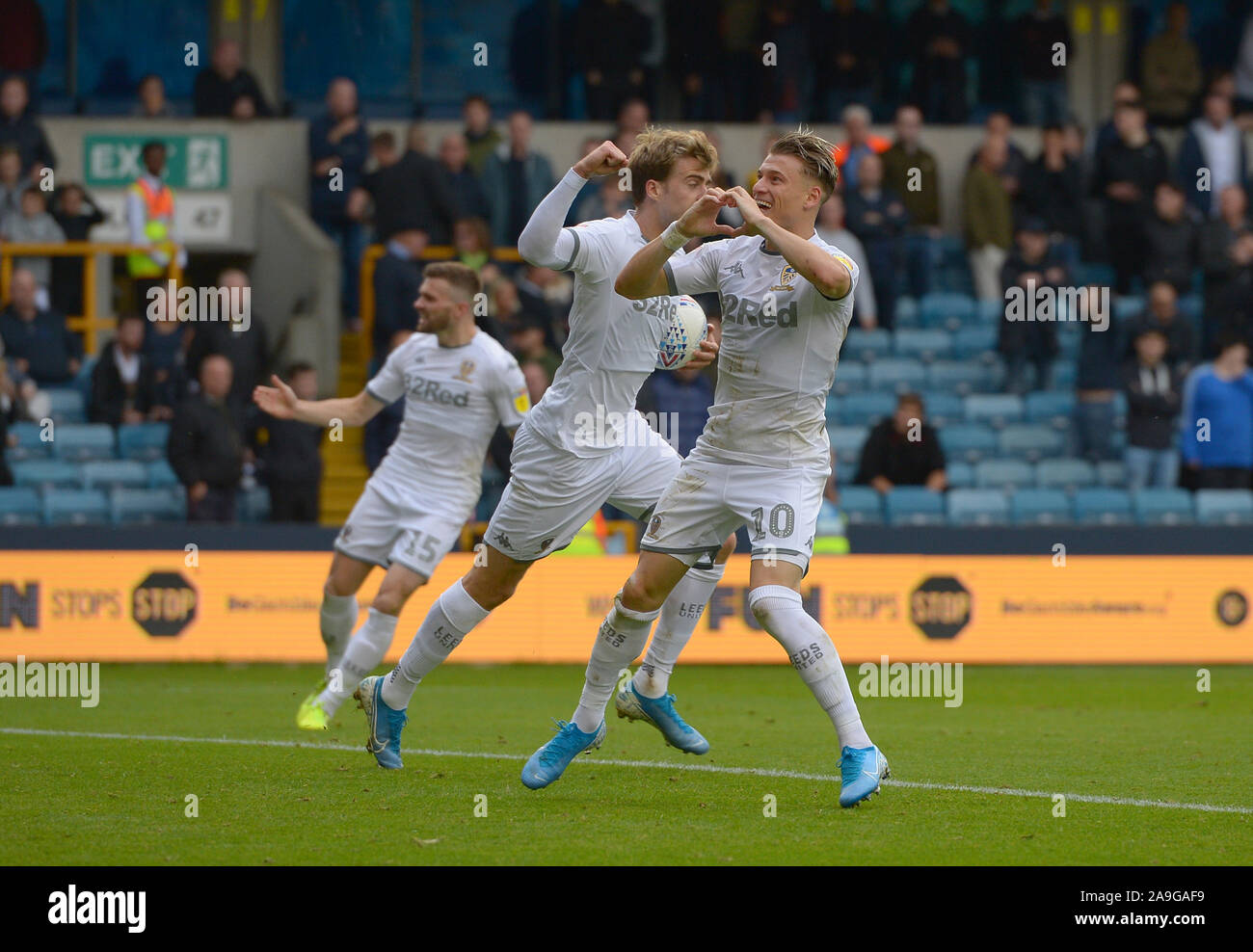 GOAL Ezgjan Alioski of Leeds United pulls a goal back to make the score 2-1  during the Millwall vs Leeds United EFL Championship Football match at the  Stock Photo - Alamy