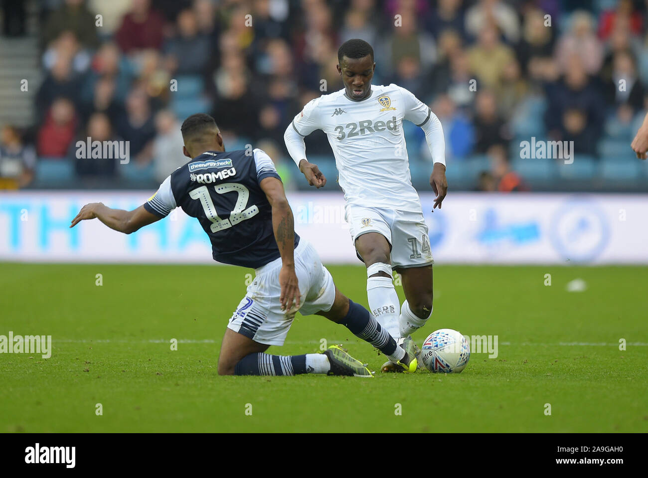 Mahlon Romeo of Millwall and Edward Nketiah of Leeds United during the Millwall vs Leeds United EFL Championship Football match at the New Den -Editor Stock Photo