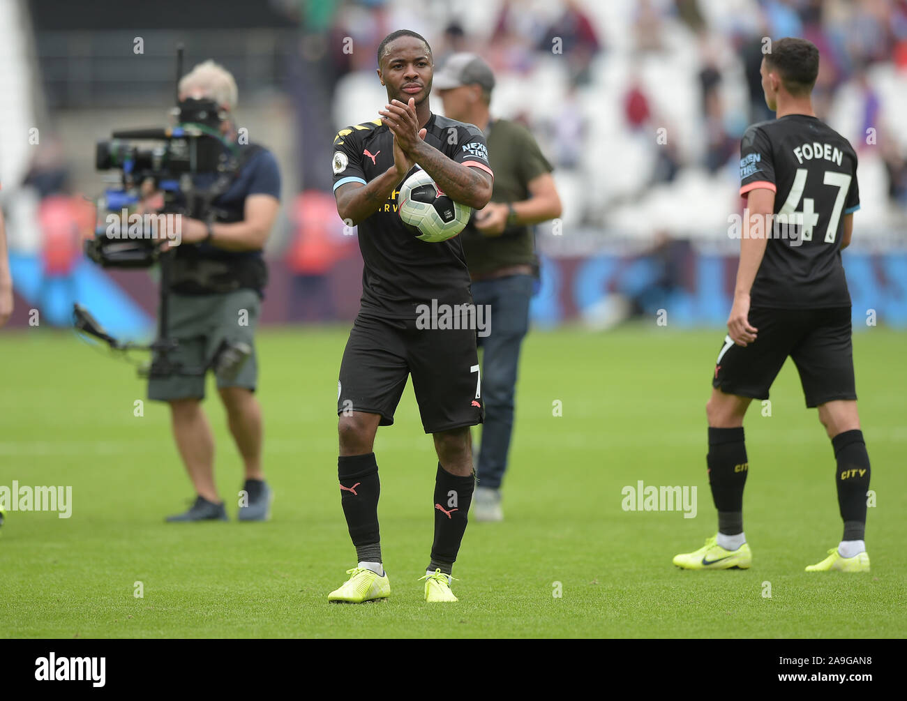 Raheem Sterling of Manchester City celebrates his hayrick during the West Ham vs Manchester City Premier League match at the London Stadium Saturday 1 Stock Photo