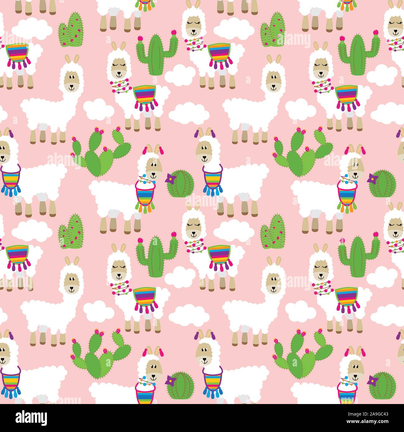 Seamless, Tileable Llama and Cactus Pattern or Background Stock Vector