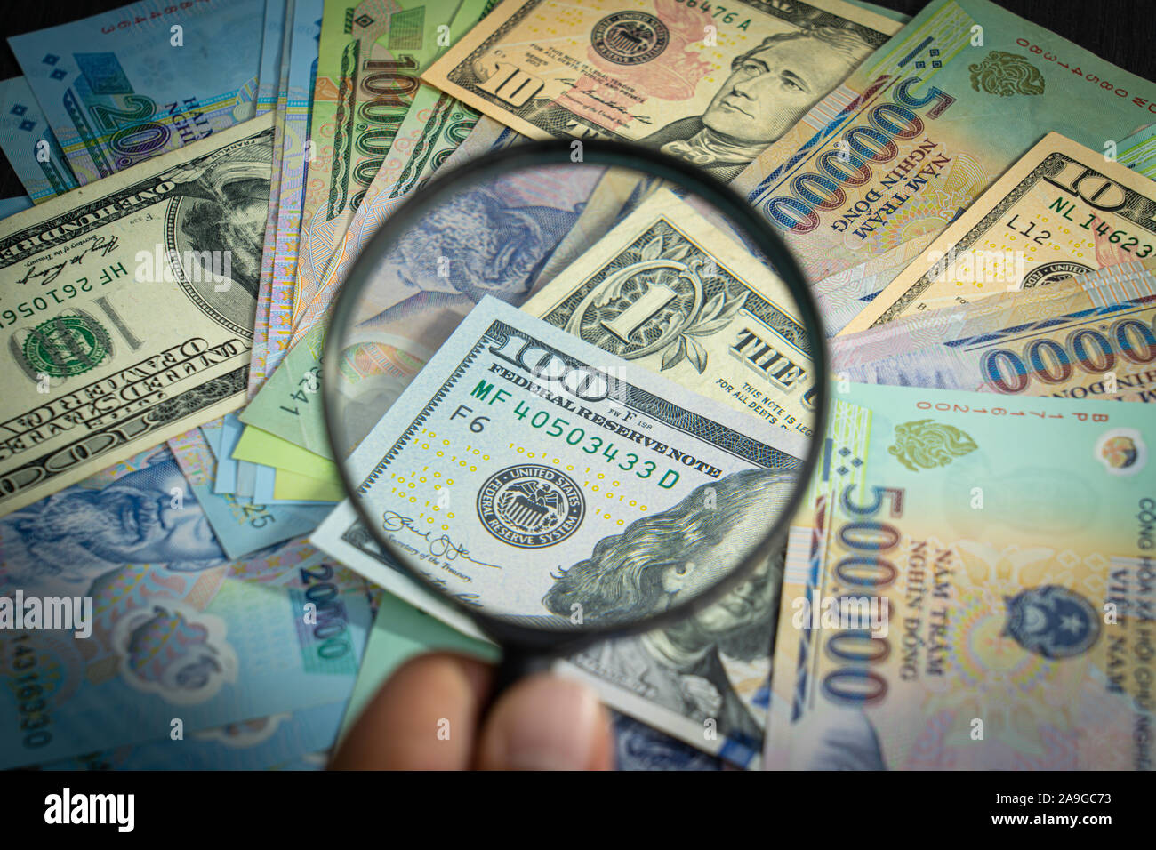 all money stack US dollar USD, VND, dong Pay, exchange vietnamese and