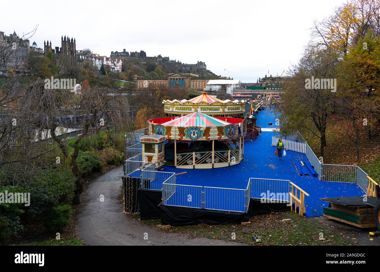 Edinburgh, Scotland, UK. 15th November 2019. General view of controversial Edinburgh Christmas Market seen on the day before opening. The market has nearly doubled in size this year and much of it has been built on a large elevated platform for the first time which has angered many residents who fear that Princes Street Gardens are being damaged. Concerns also raised that the proper planning application channels were not adhered to. The market opens on 16th November. Iain Masterton/Alamy Live News. Stock Photo