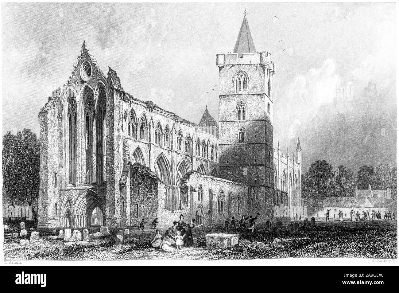 An engraving of Dumblane (Dunblane) Cathedral Perthshire scanned at high resolution from a book printed in 1859.  Believed copyright free. Stock Photo