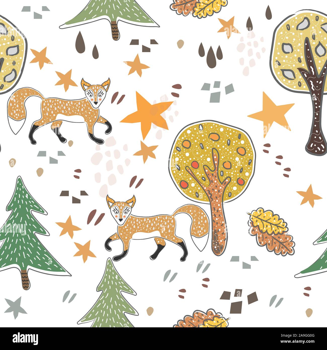Seamless Pattern with cute hand drawn Fox. Scandinavian Style. Vector ...