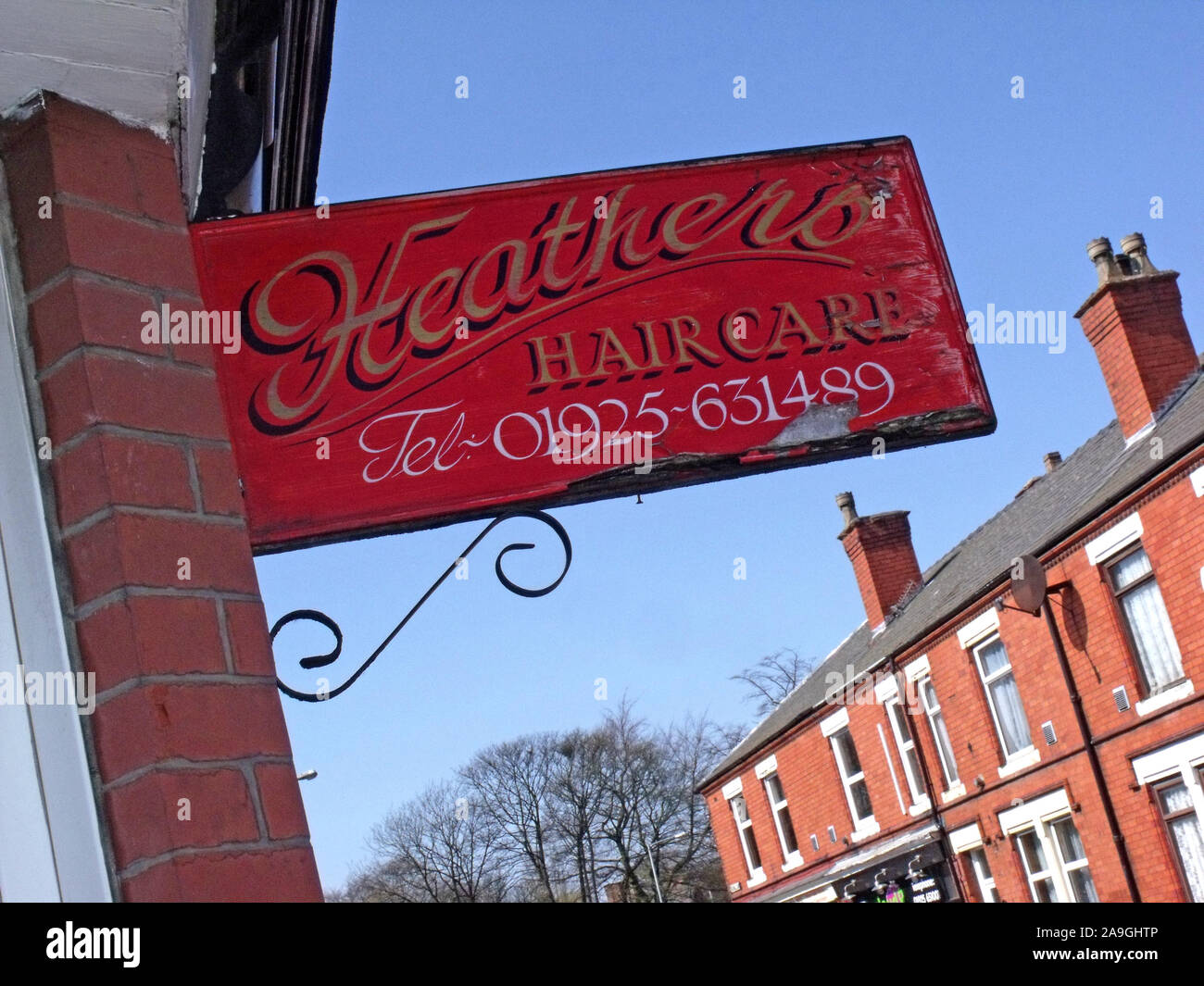 Heathers Haircare, 01925631489 Latchford village, Hair By Heather, 3 Thelwall Lane, Warrington, Cheshire, England, WA4 1LJ Stock Photo