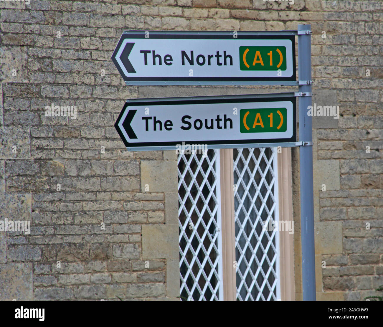 The North, The South signs, A1, which way now, London Rd, Wansford, Peterborough, England, UK,  PE8 6JE Stock Photo