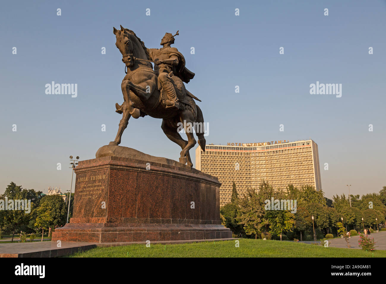 Amir Timur Square. The statue of Amir Timur in from of the Hotel Uzbekistan in Tashkent, Uzbekistan. Stock Photo