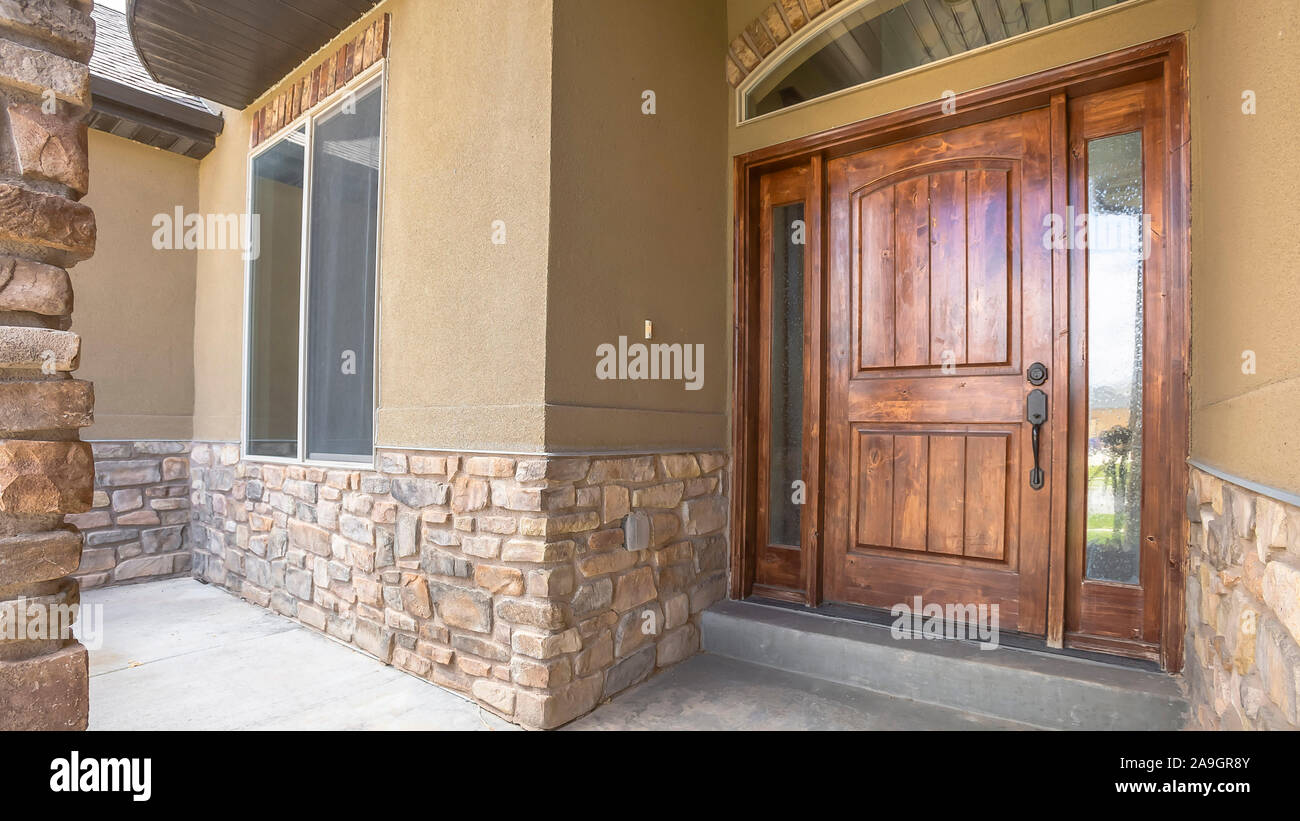 Panorama Frame Home Porch And Brown Wood Front Door With