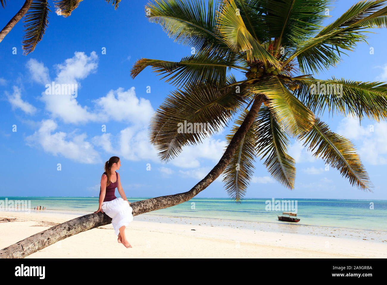 Frau sitzt auf Palme, Sansibar, Afrika Stock Photo
