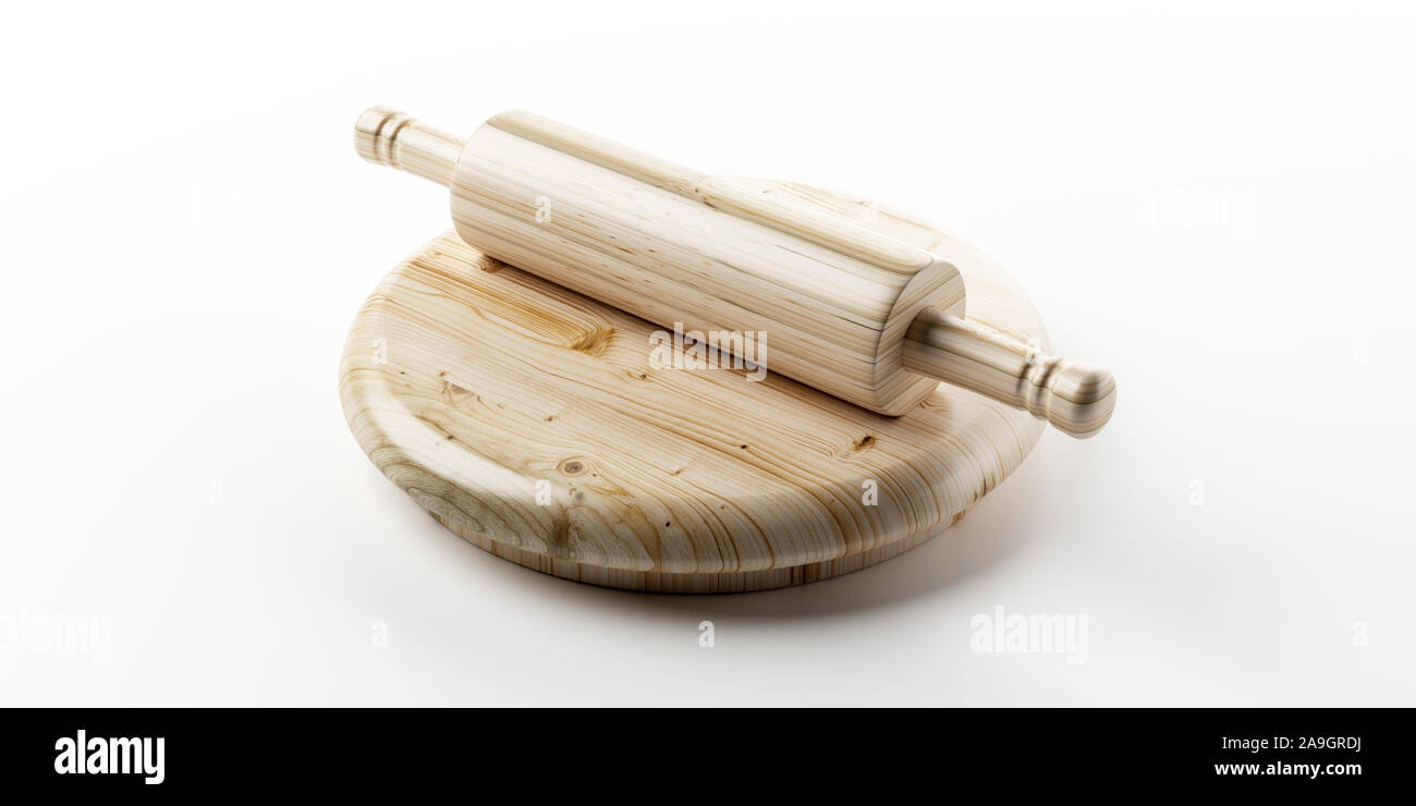 Rolling pin, dough roller isolated against white background. Wood roller for pastry and baking kitcenware utensil. 3d illustration Stock Photo