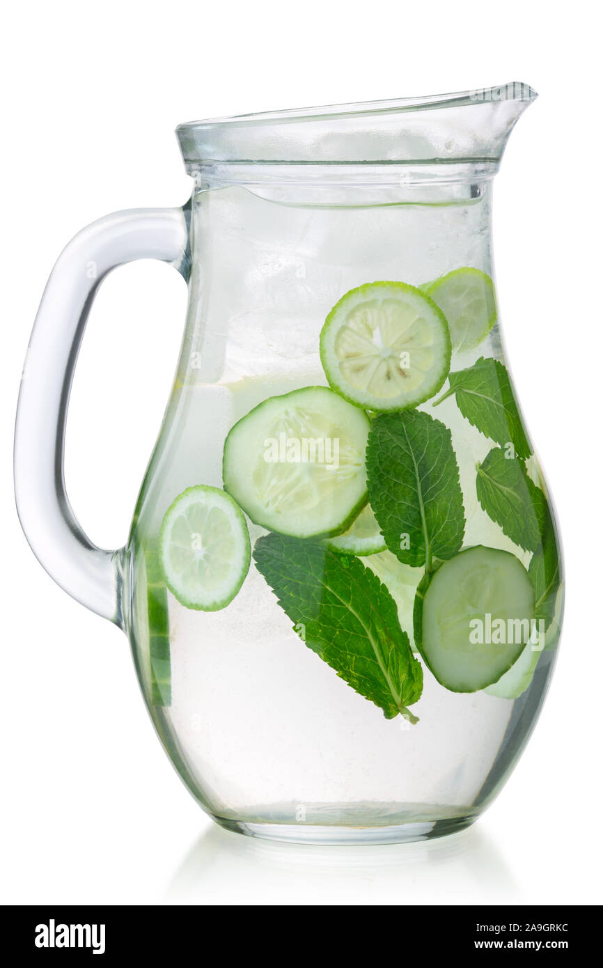 Pitcher of iced detox Sassy water with lime, isolated Stock Photo