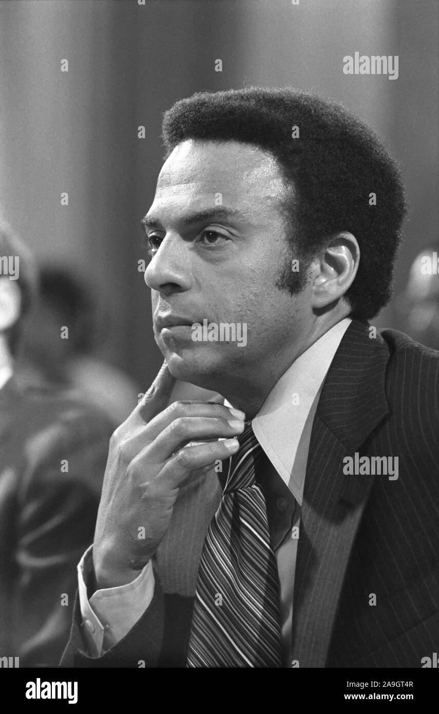 Andrew Young, U.S. Ambassador to the United Nations, head-and-shoulders portrait, during Meeting for the Subcommittee on African Affairs of the Senate Committee on Foreign Relations, Washington, D.C., USA, photograph by Thomas J. O'Halloran, June 1977 Stock Photo