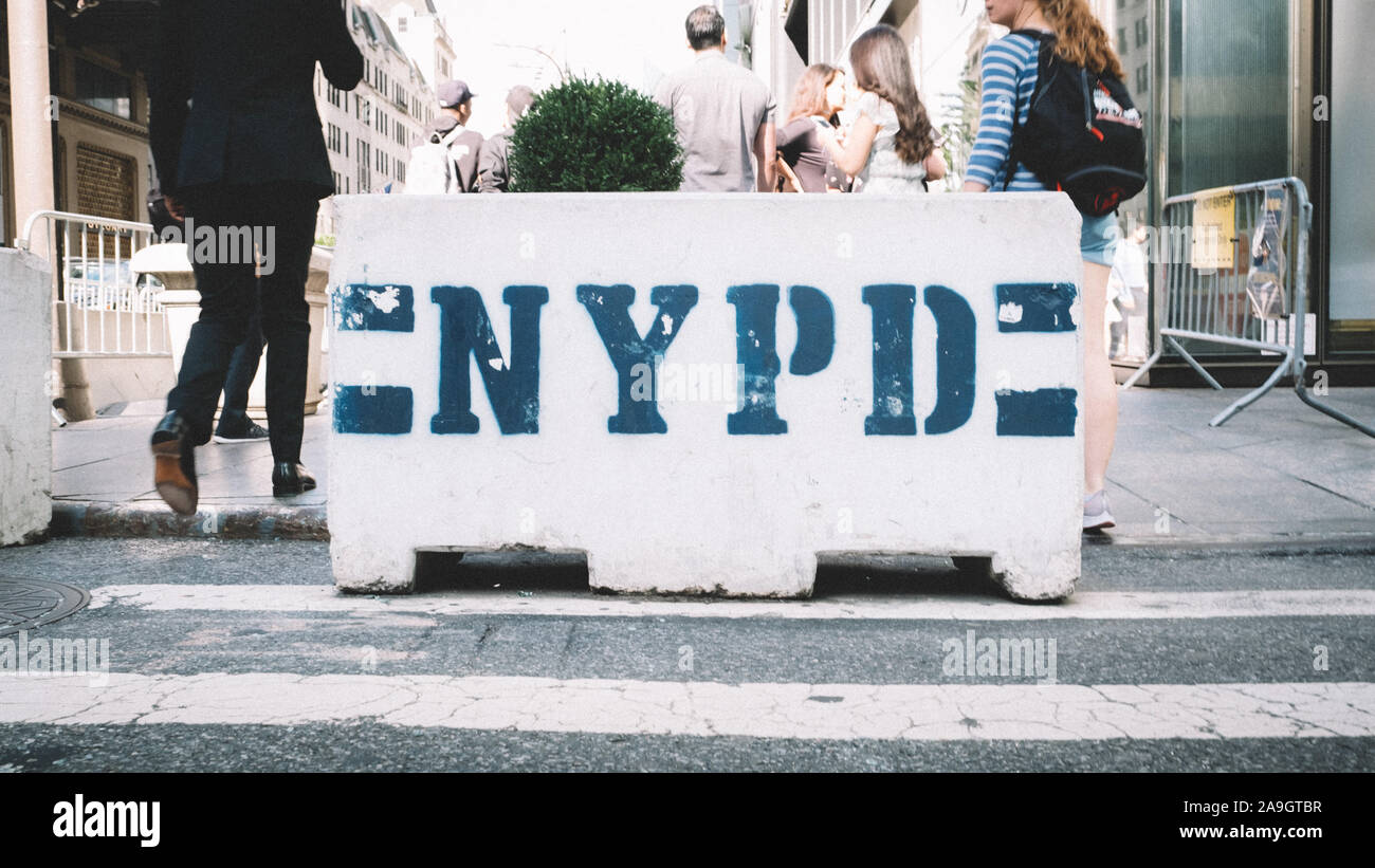 NYPD road sign on a busy Manhattan sidewalk in New York City Stock ...