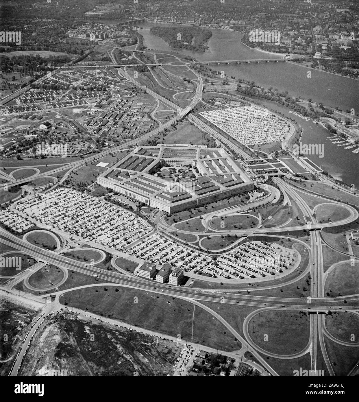 High Angle View of Pentagon Building and Surrounding Area, Arlington, Virginia, USA, photograph by Thomas J. O'Halloran, 1956 Stock Photo