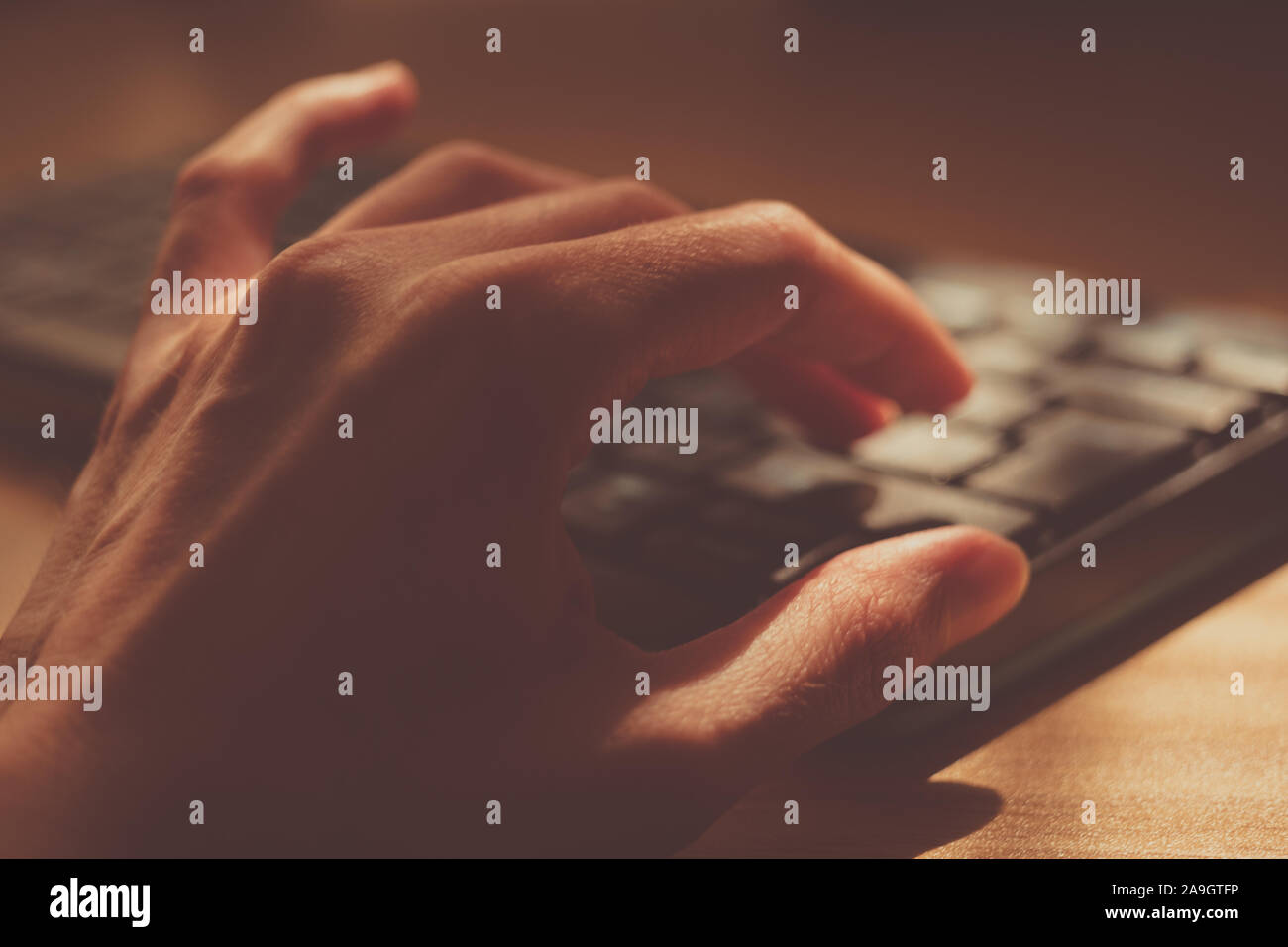 Young human hand is typing on the keyboard, selective focus. Stock Photo
