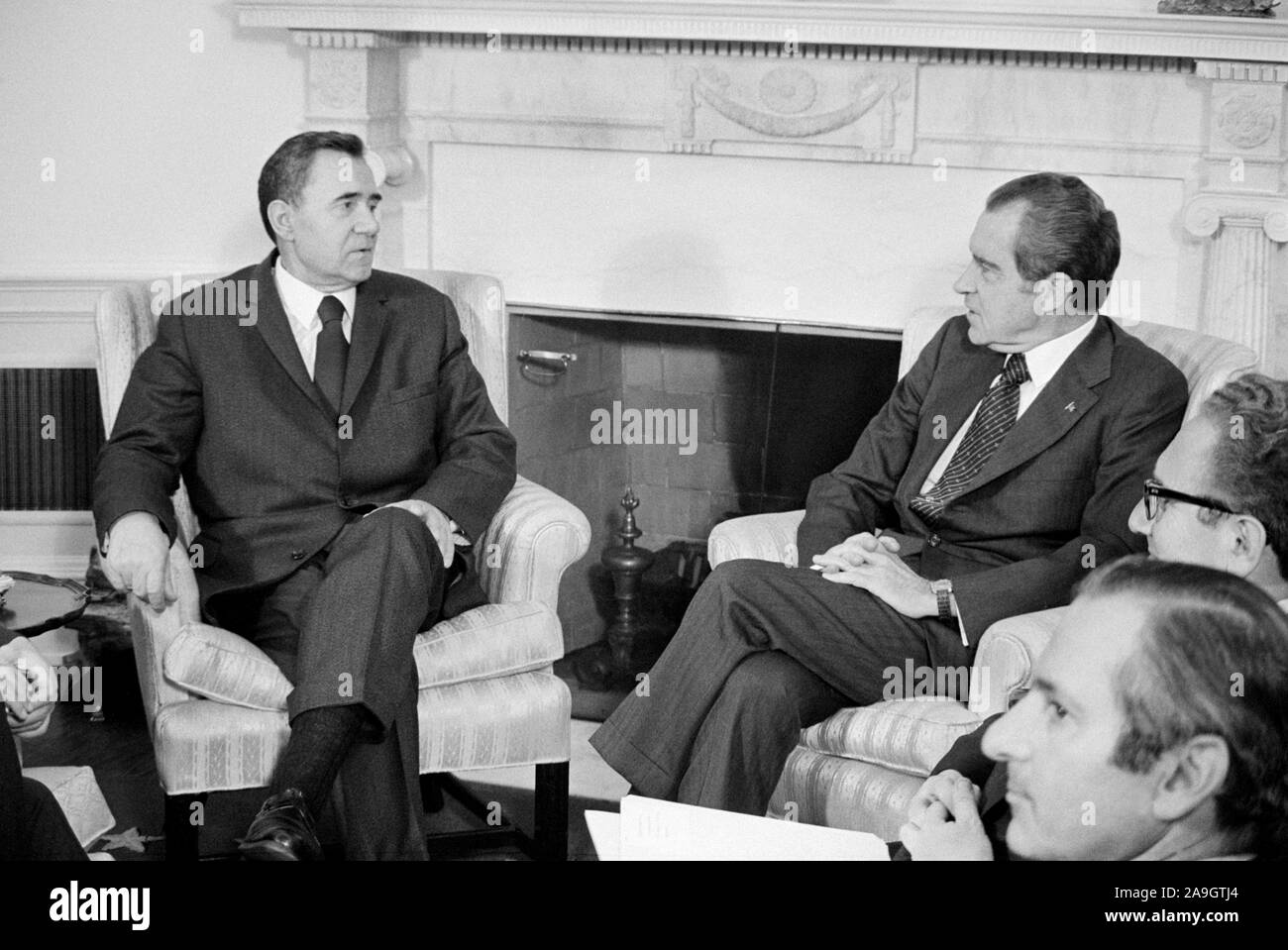 Soviet Foreign Minister Andrei Gromyko and U.S. President Richard M. Nixon during Meeting at White House, Washington, D.C., USA, photograph by Thomas J. O'Halloran, February 1974 Stock Photo