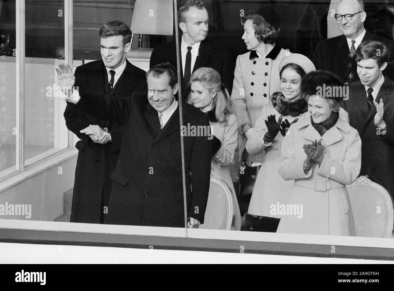 U.S. President Richard Nixon and First Lady Pat Nixon with Family and Dignitaries watching Presidential Inauguration Event, Washington, D.C., USA, photograph by Thomas J. O'Halloran, January 20, 1969 Stock Photo