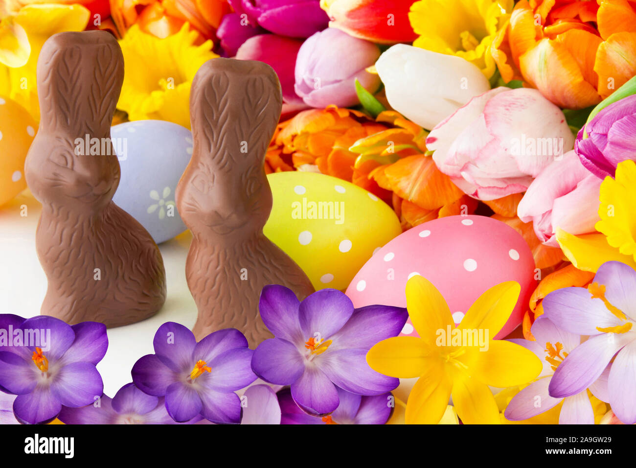 Easter decoration eggs an chocolate bunnies Stock Photo