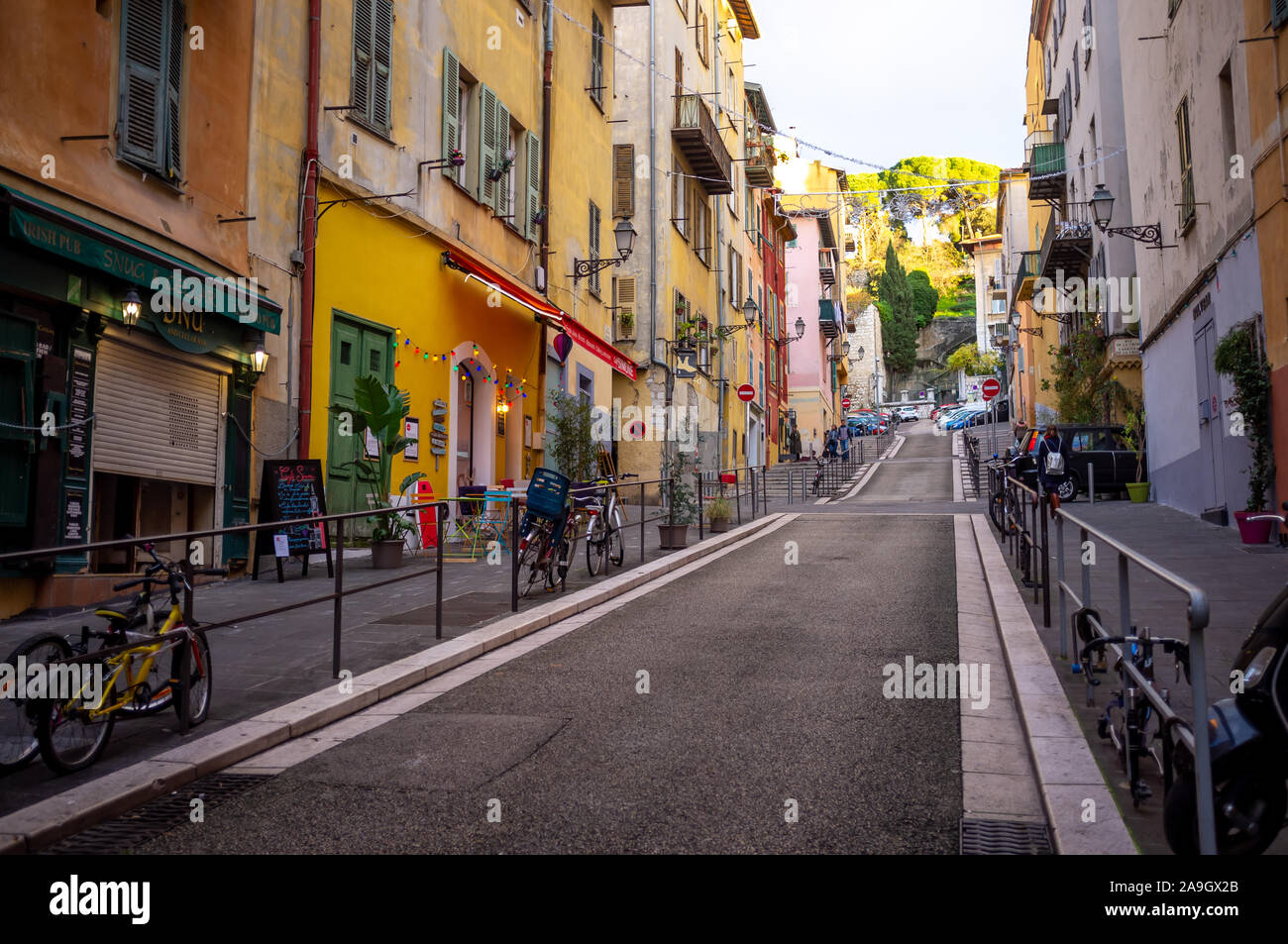 narrow street in the old part of town in Nice, French Riviera Stock Photo
