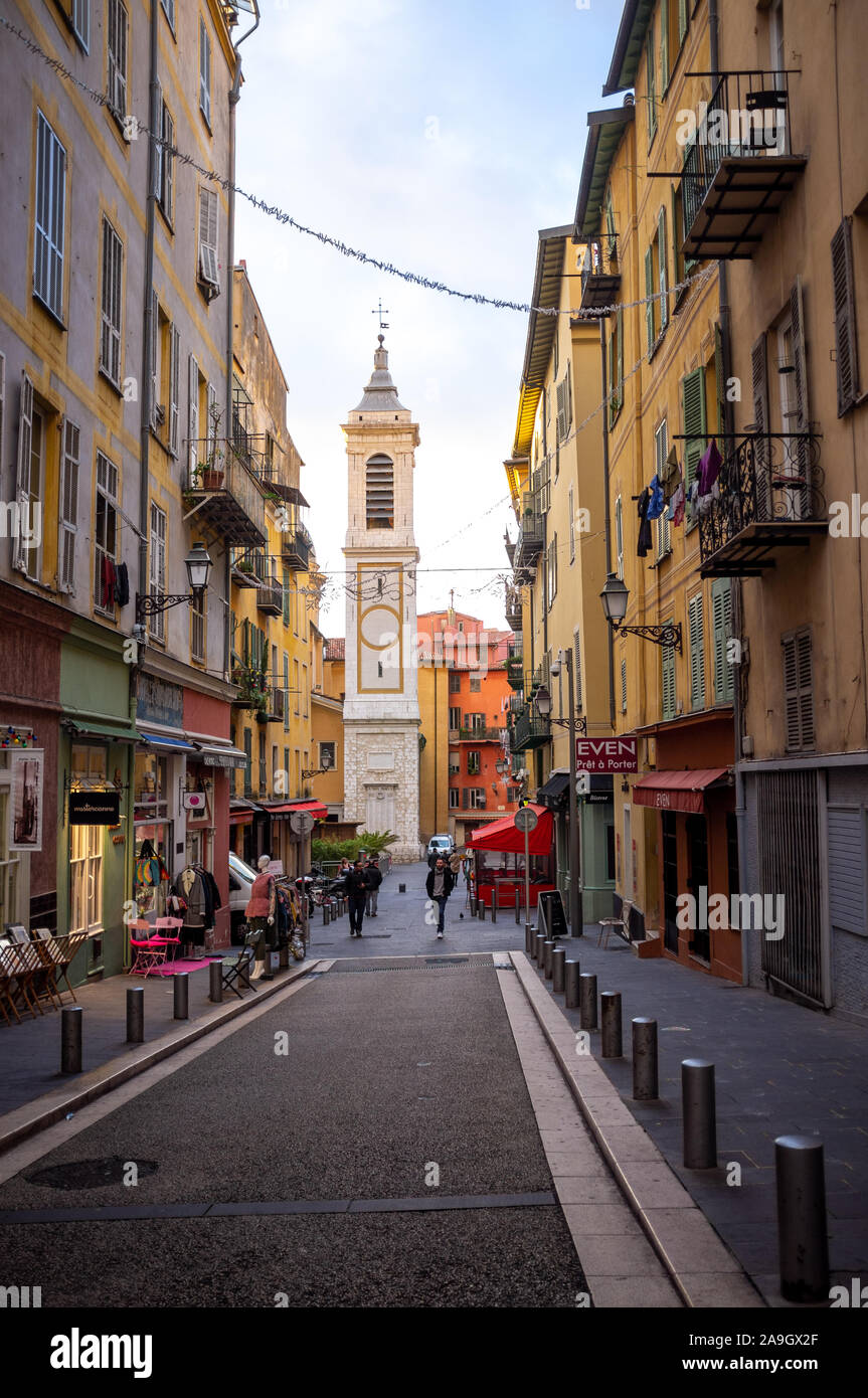 narrow street in the old part of town in Nice, French Riviera Stock Photo