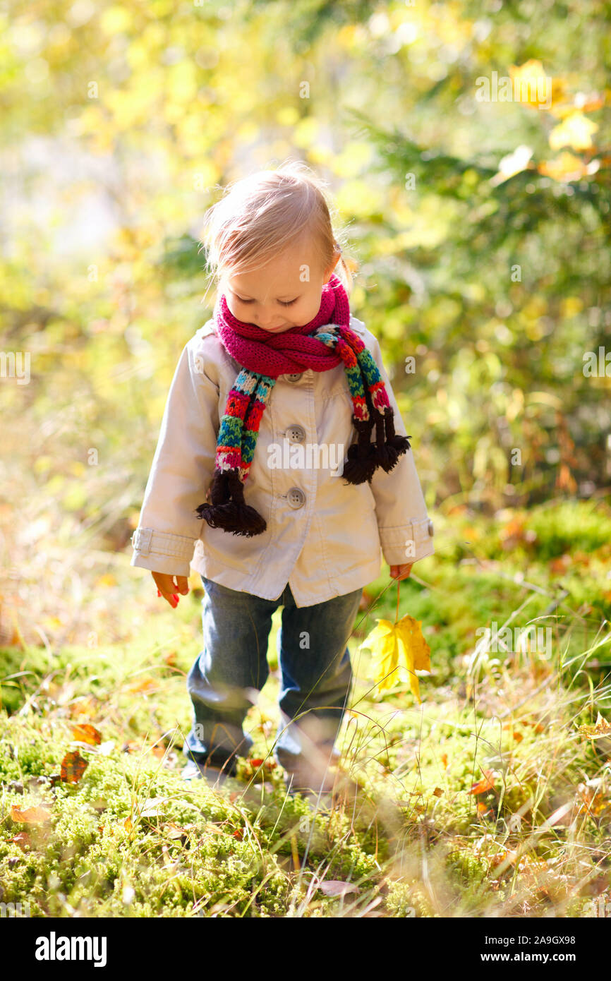 Finnland, kleines Maedchen im Wald, Herbst Stock Photo