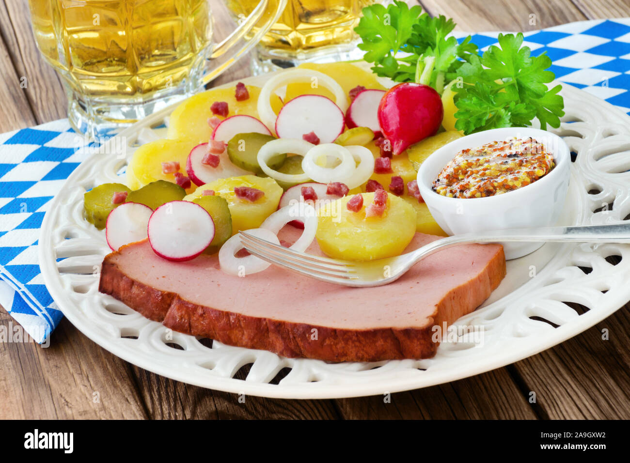 German meat loaf and potato salad with beer Stock Photo Alamy
