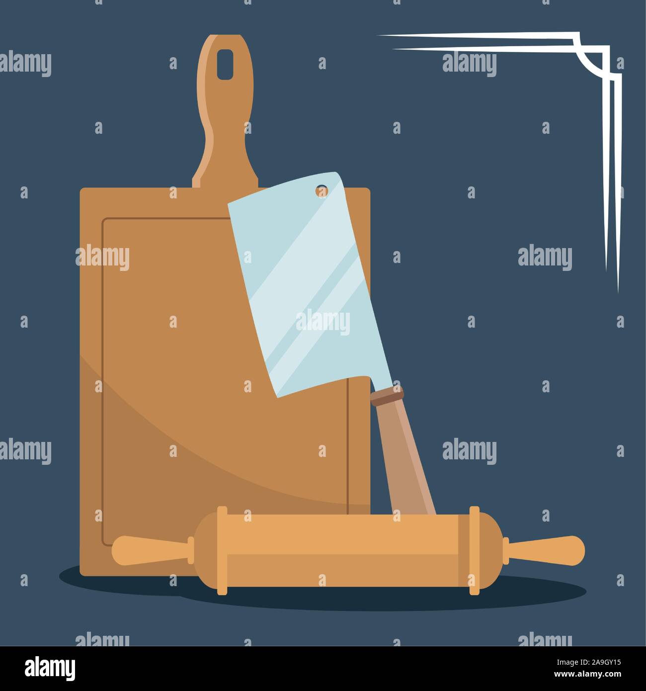chopping board with cleaver and rolling pin Stock Vector