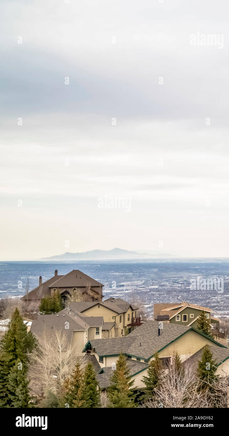 Vertical Aerial view of houses in the valley with mountain and horizon ...