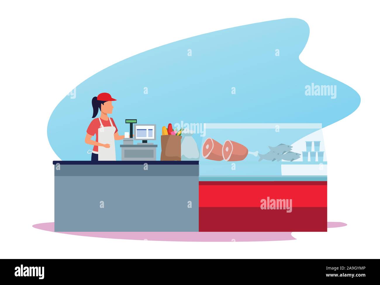woman worker in supermarket cash register next to meat fridge Stock Vector