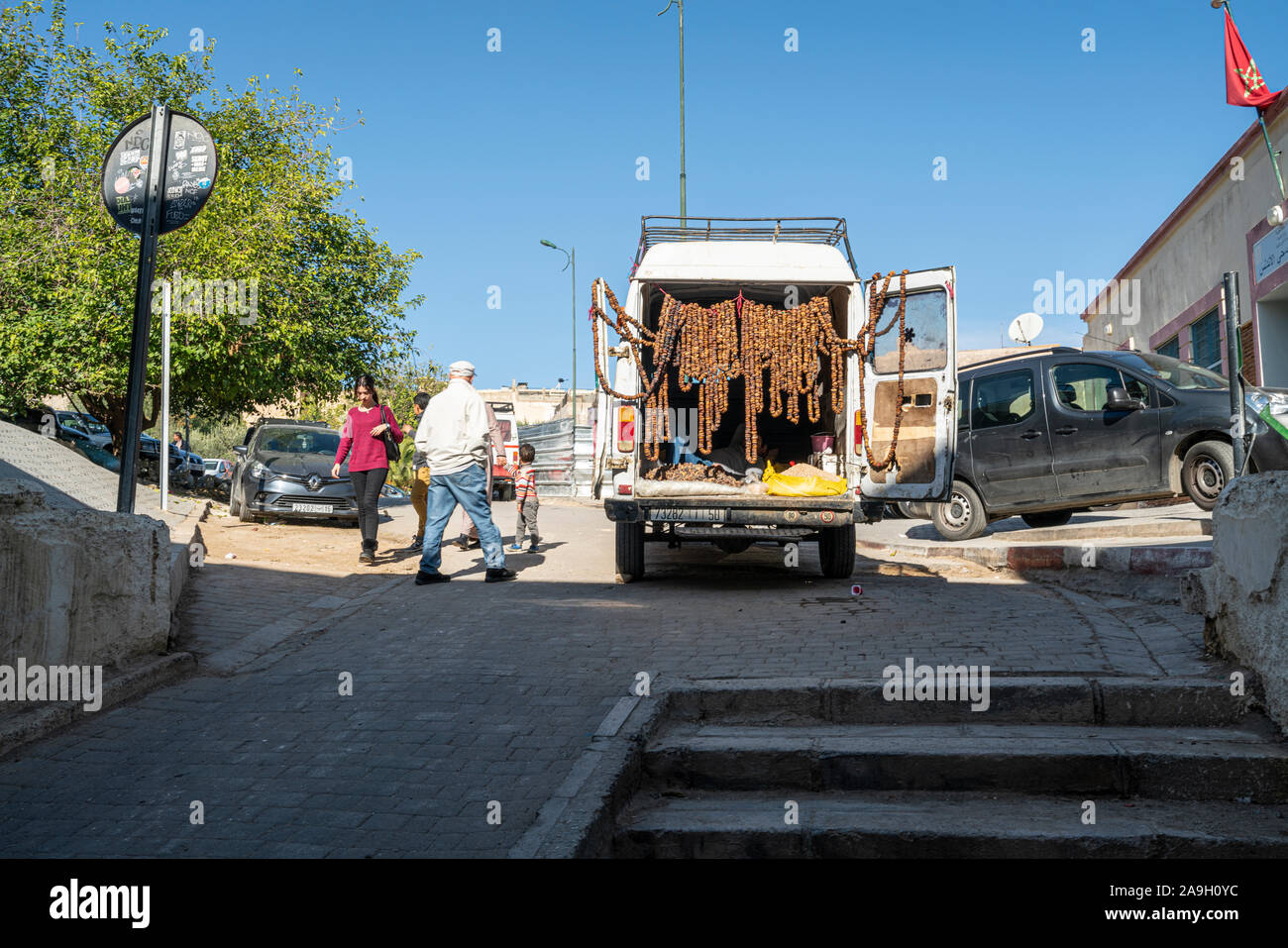 Fez, Morocco. November 9, 2019.  a van with some cold cuts hanging for sale on the street Stock Photo