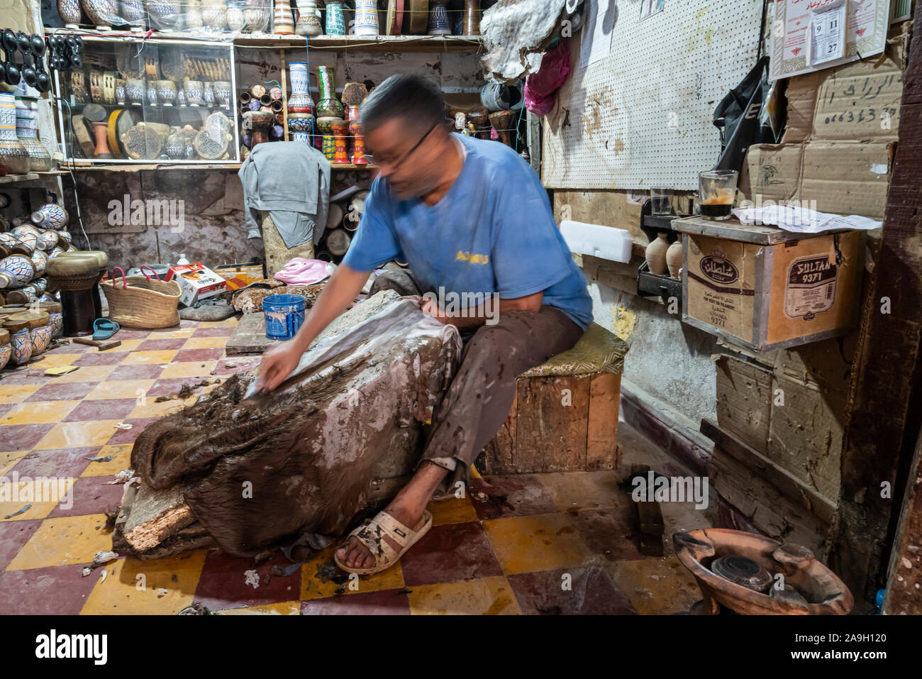Fez, Morocco. November 9, 2019.   manual processing of animal skins in the medina Stock Photo