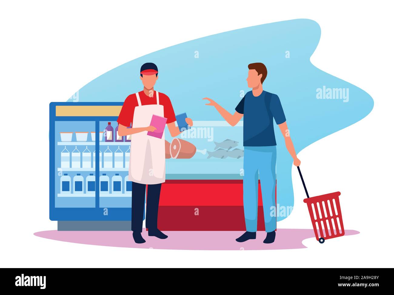 man with worker at supermarket in the zone of meat and beverages fridges Stock Vector