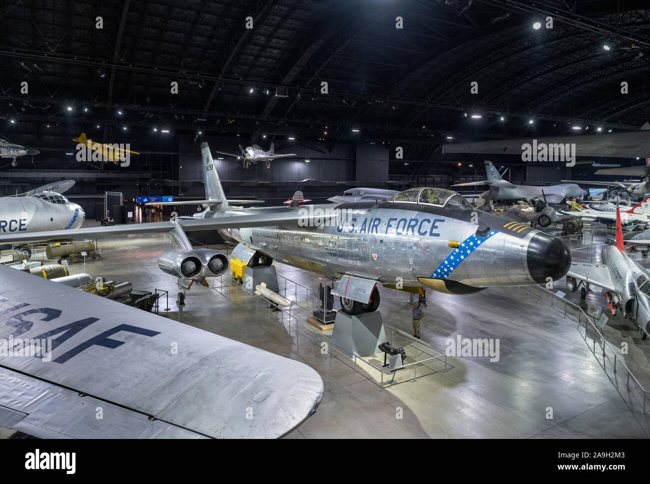 View over aircraft at the National Museum of the United States Air Force with a Boeing RB-47H Stratojet in the foreground, Dayton, Ohio, USA. Stock Photo