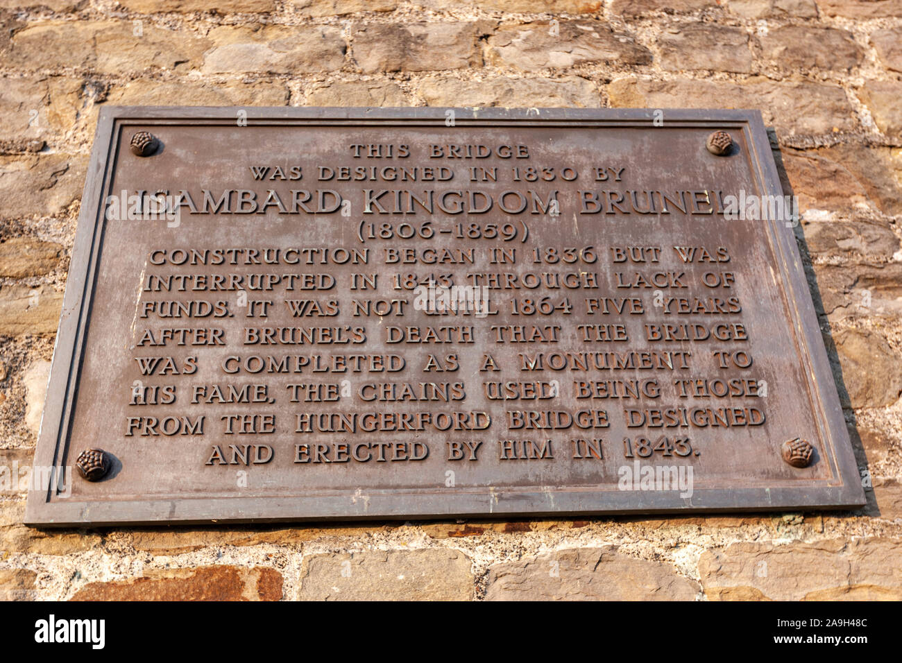 The plaque on the bridge, Clifton Suspension Bridge, built to a design ...