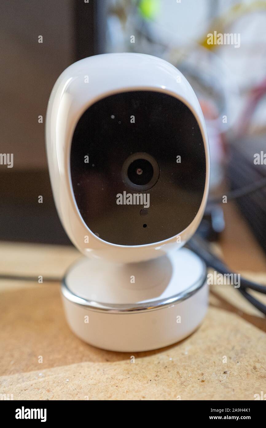 Close-up of Simcam AI home surveillance camera, among the first Internet of Things devices to use the Intel Movidius deep-learning chip to perform on-device artificial intelligence functions, in a smart home in San Ramon, California, October 16, 2019. () Stock Photo