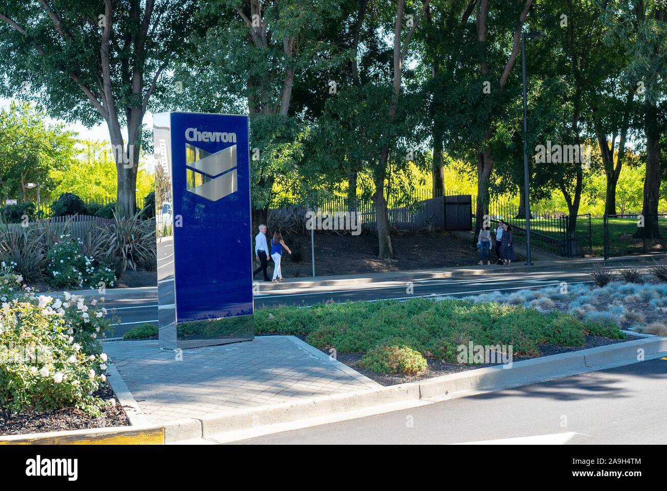 Sign at entrance to global headquarters of petroleum company Chevron in San Ramon, California, October 22, 2019. () Stock Photo