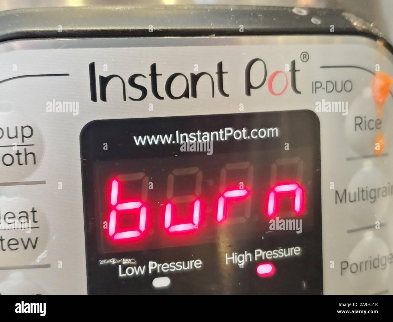 Close-up of message reading Burn on Instant Pot automated pressure cooker, a common occurrence for consumers using the device, San Ramon, California, November 3, 2019. () Stock Photo