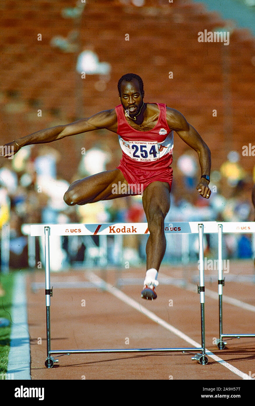 Edwin Moses (USA) competing at the 1984 US OLympic Team Trials Stock Photo