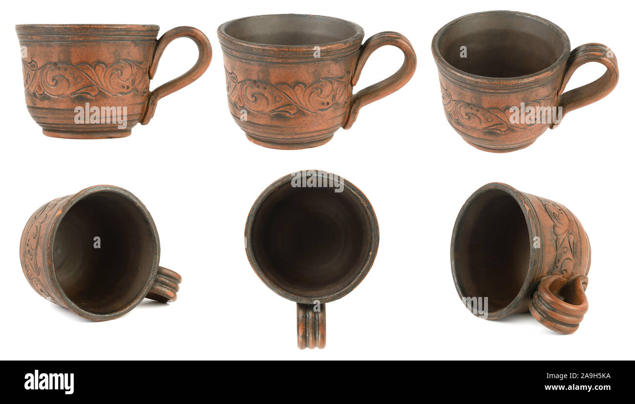 Set clay cups from different camera angles isolated on white background. Big size Stock Photo
