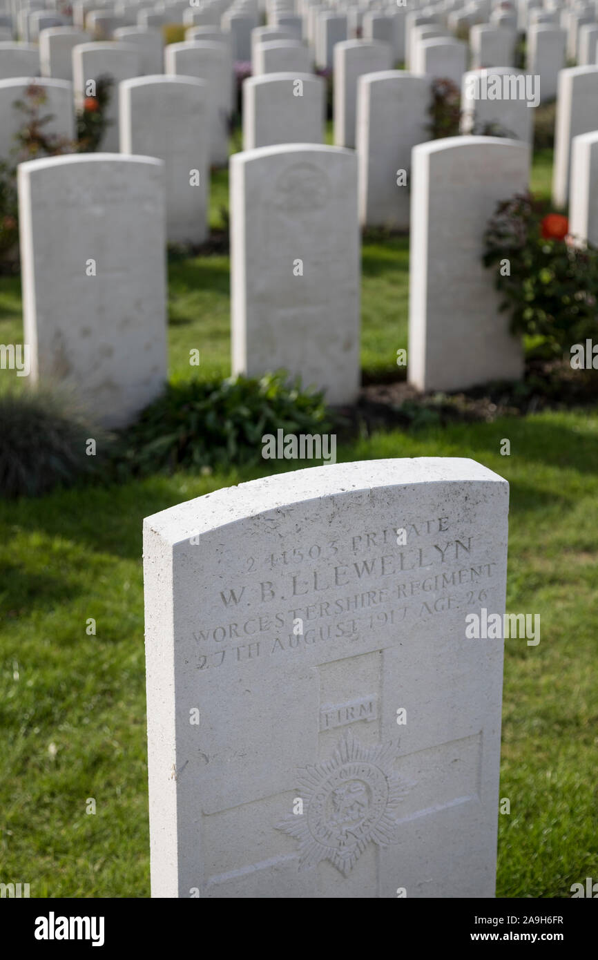 Some of the immaculately maintained graves within the Commonwealth War Graves Commission (CWGC) Tyne Cot military cemetery at Zonnebeke, Belgium Stock Photo