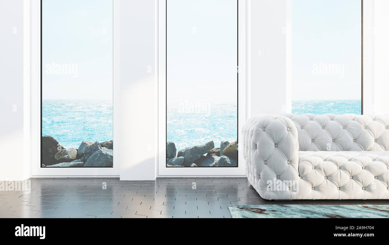 Modern Design living room interior with sea view . 3D rendering Stock ...