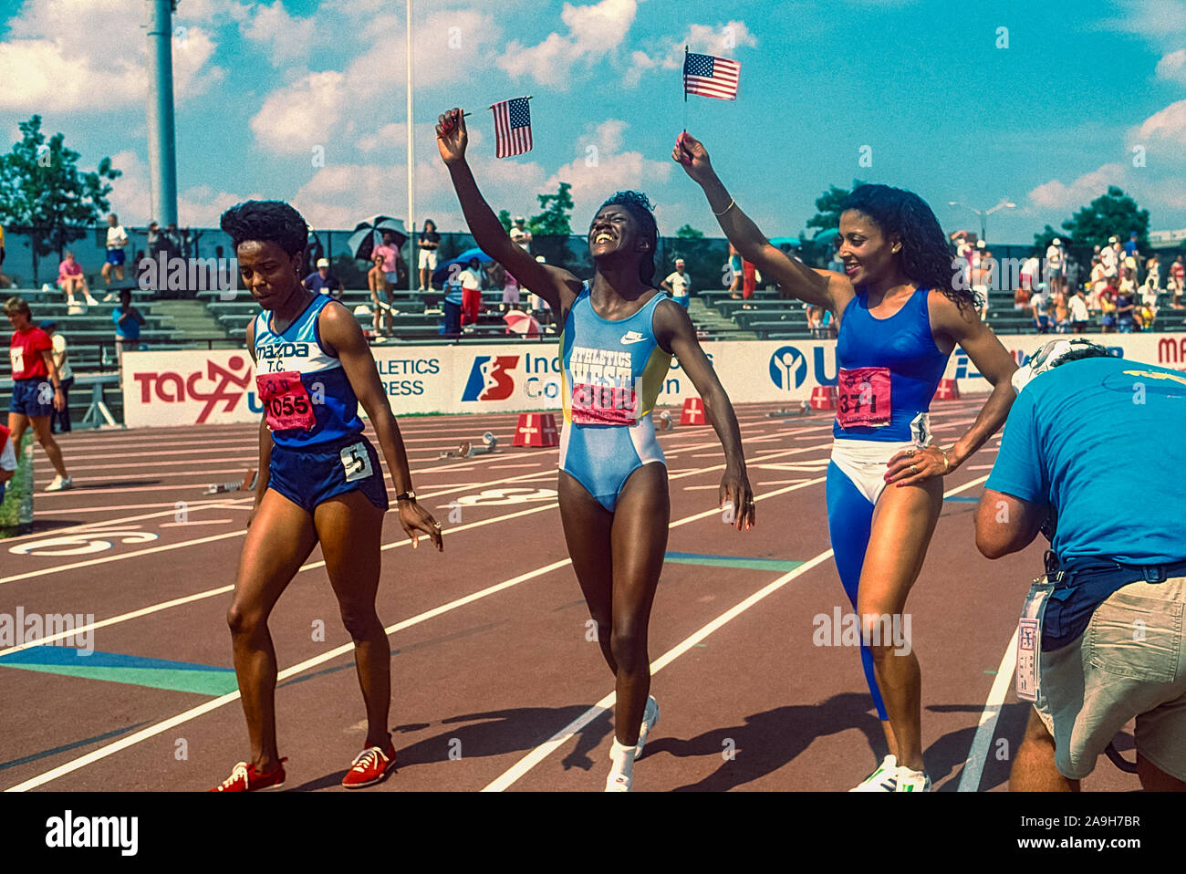 (L-R) Evelyn Ashford, Gwen Torrence, Florence Griffith Joyner competing at the 1988 US Olympic Team Trials. Stock Photo