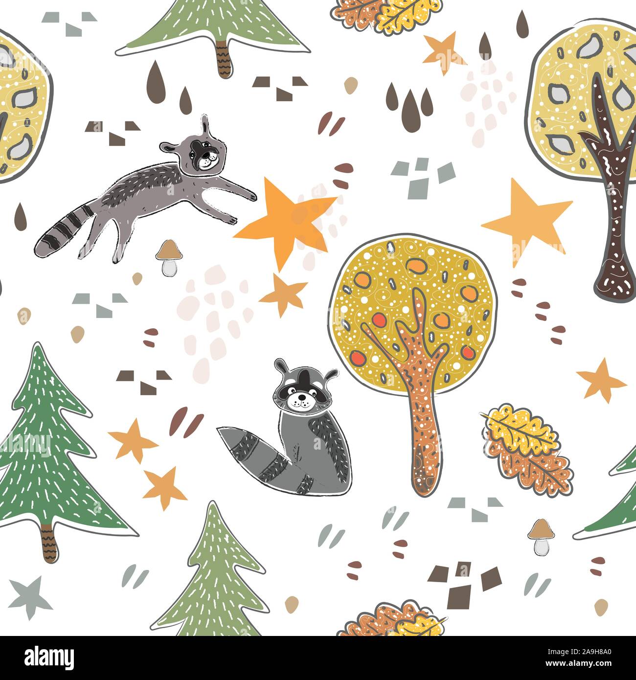 Seamless raccoon pattern with cute trees, stars and abstract shapes ...