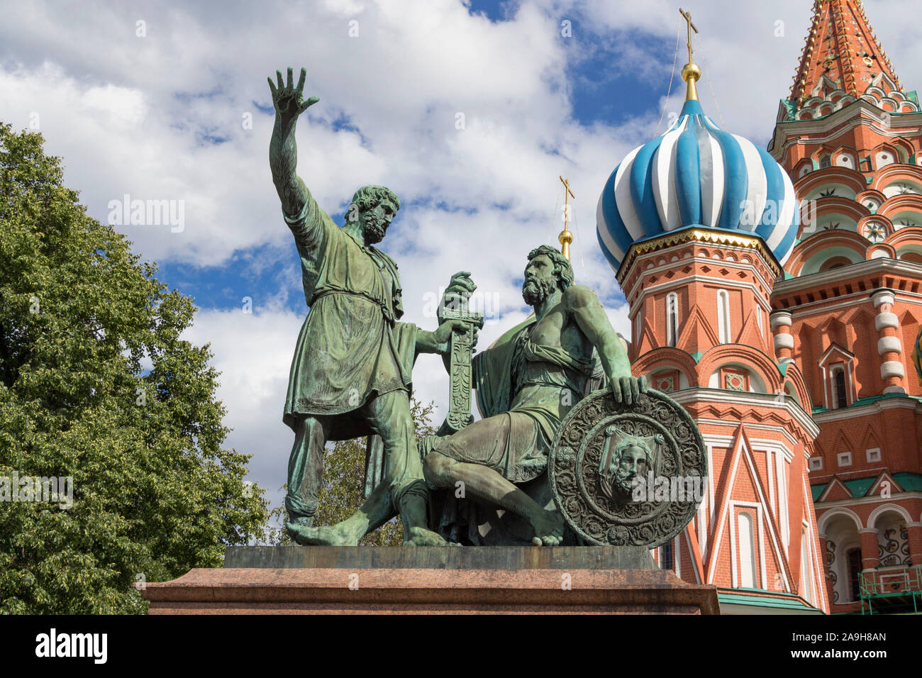 Moscow, Russia - July 7, 2019: Monument to Minin and Pozharsky next the Cathedral of Vasily Blessed on a summer day Stock Photo