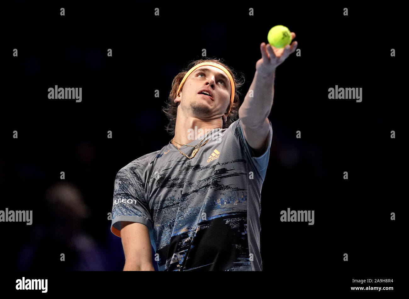 Alexander Zverev during the Mens Single Group Stage match against Daniil Medvedev on day six of the Nitto ATP Finals at The O2 Arena, London. Stock Photo