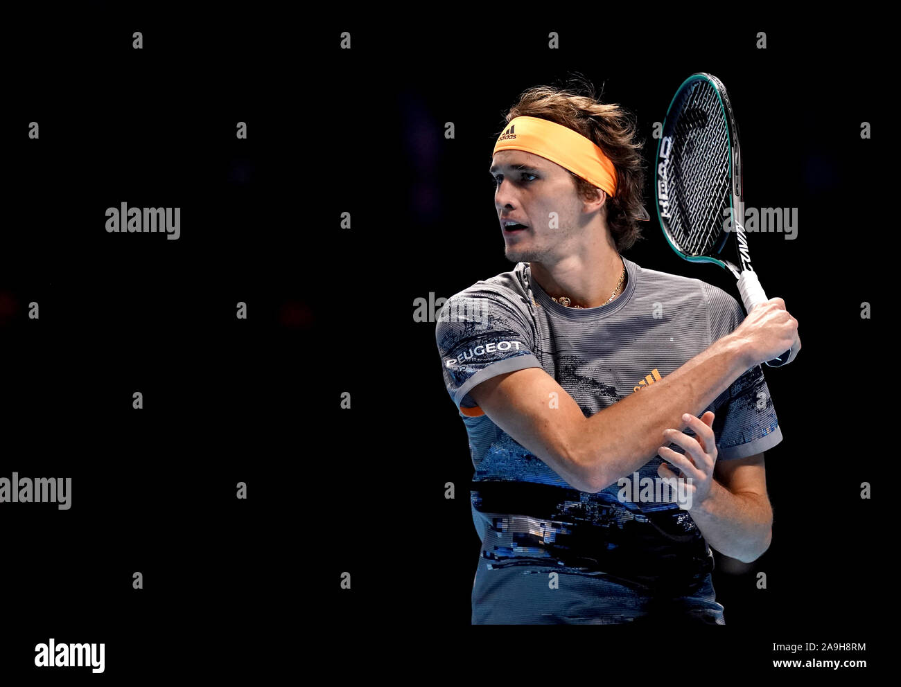Alexander Zverev during the Mens Single Group Stage match against Daniil Medvedev on day six of the Nitto ATP Finals at The O2 Arena, London. Stock Photo