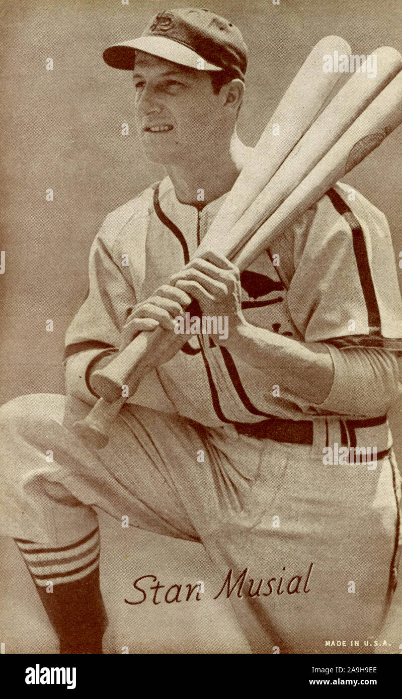 Vintage black and white Exhibit Baseball Card of Stan Musial with the St. Louis Cardinals circa 1940s. Stock Photo
