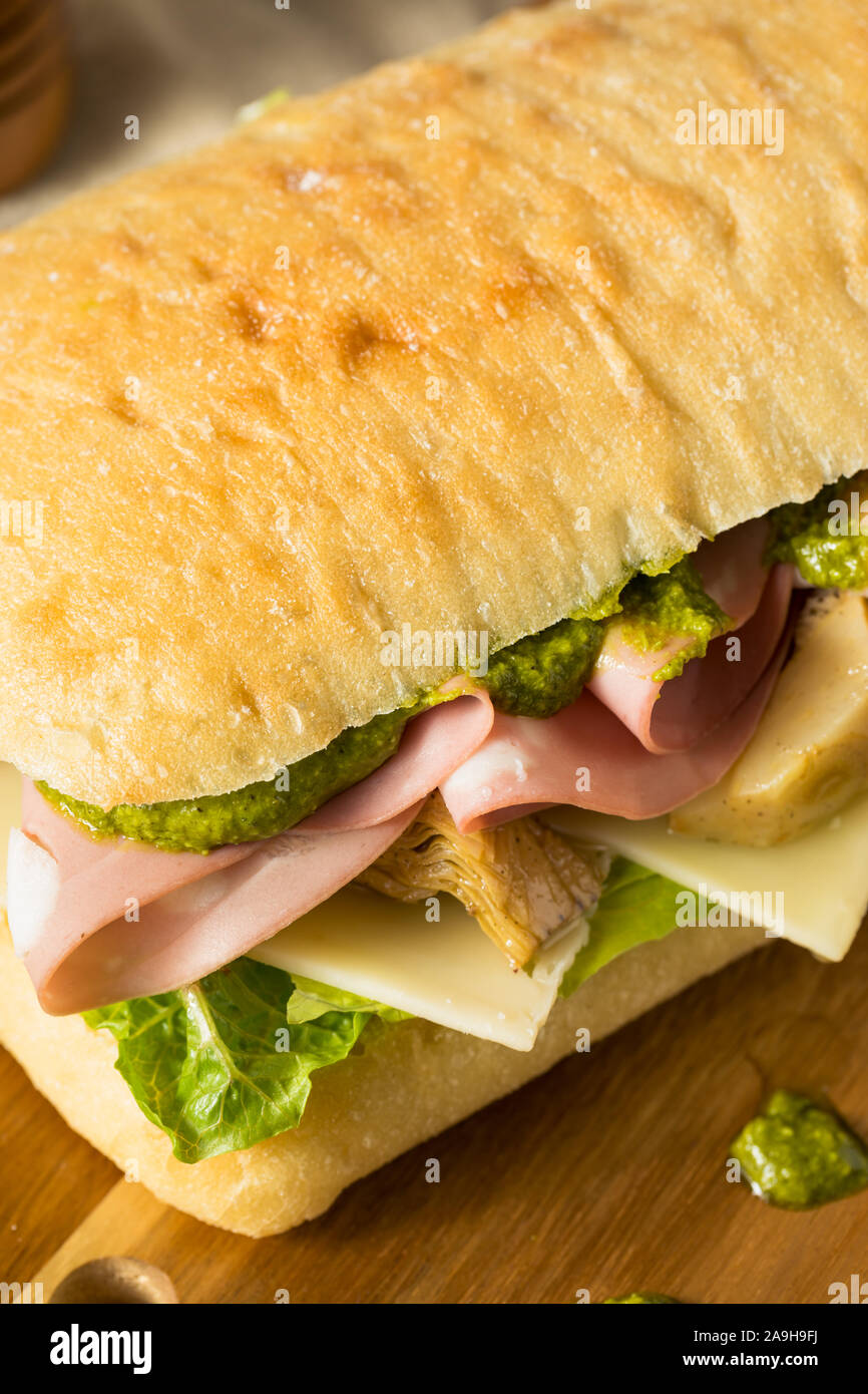 Homemade Italian Panino Sandwich with Artichoke and Mortadella Stock