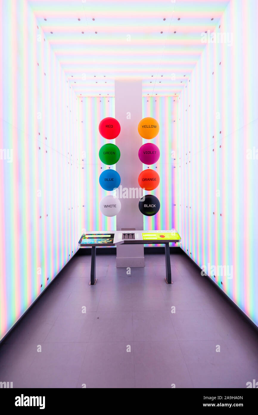 Color from Light is part of the Science Storms exhibit at the Museum of Science and Industry that shows how colors look by changing light colors. Stock Photo