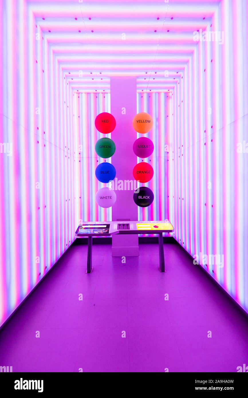 Color from Light is part of the Science Storms exhibit at the Museum of Science and Industry that shows how colors look by changing light colors. Stock Photo